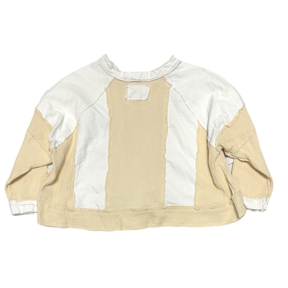 POL Patchwork Thermal Knit V Neck Pullover Top Women's M Cream Beige - Picture 2 of 5
